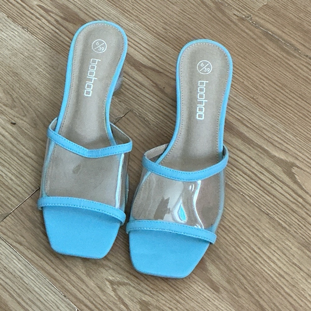 Boohoo Women's Sky Blue Clear Strap Square‎ Toe Block Heel Mules Sandals Size 6